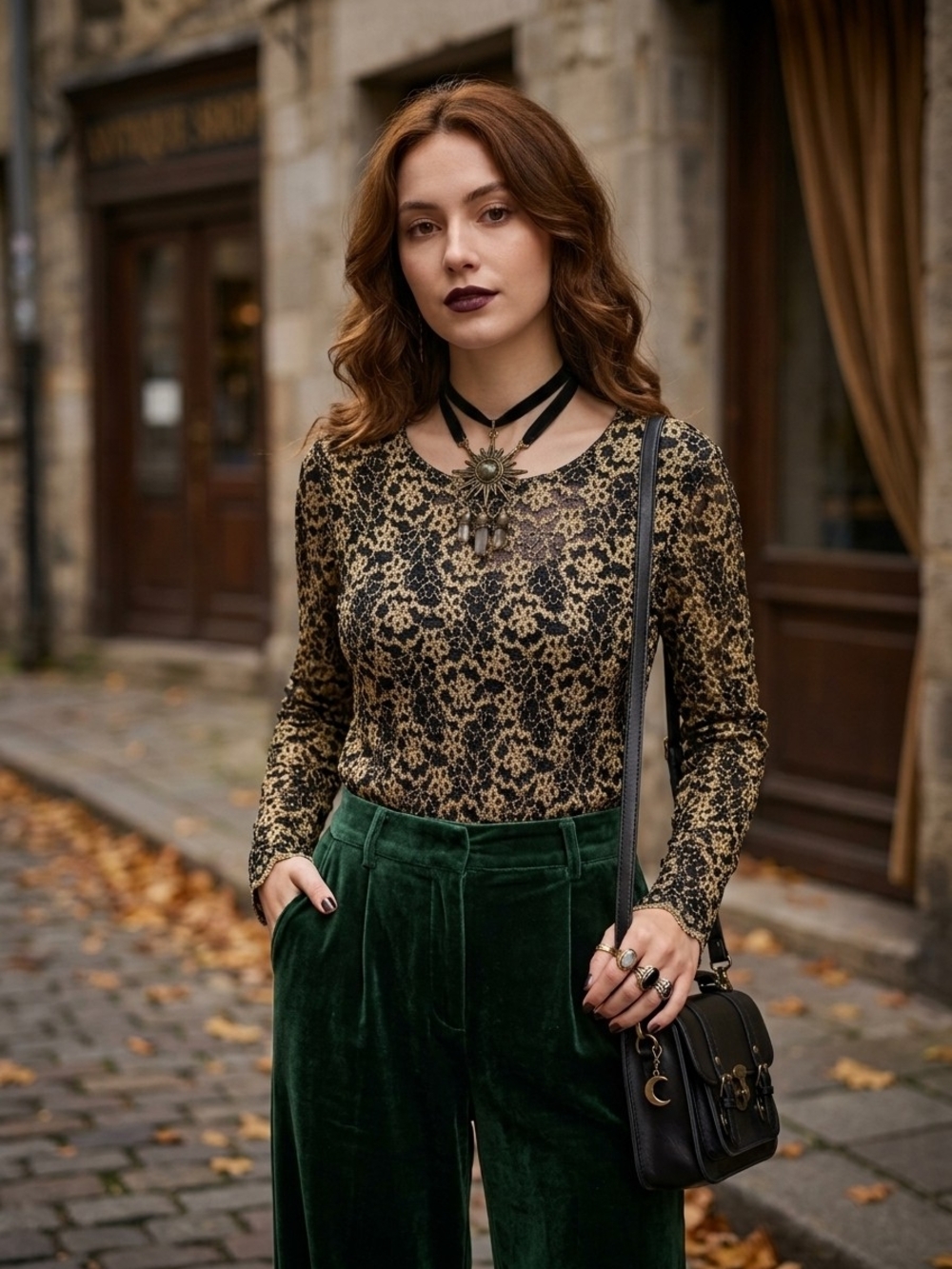 Vintage NESS Whimsigoth Metallic Gold Black Lace Top Mob Wife Baroque Glam